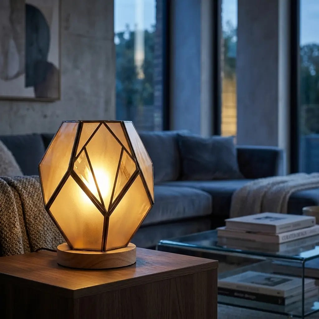 Geometric glass table lamp amber with wood base and exposed metal profiles, warm diffused light