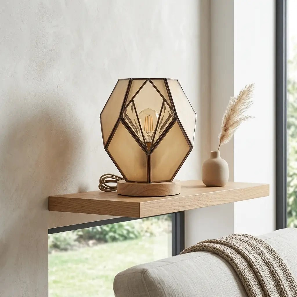 Geometric glass table lamp amber with wood base and exposed metal profiles, warm diffused light