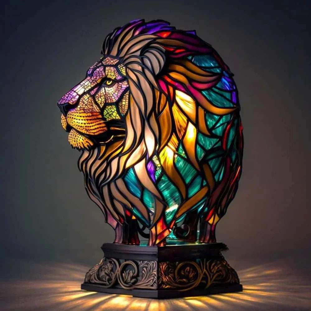 Stained glass animal table lamp with vibrant coloured glass panels and warm ambient light