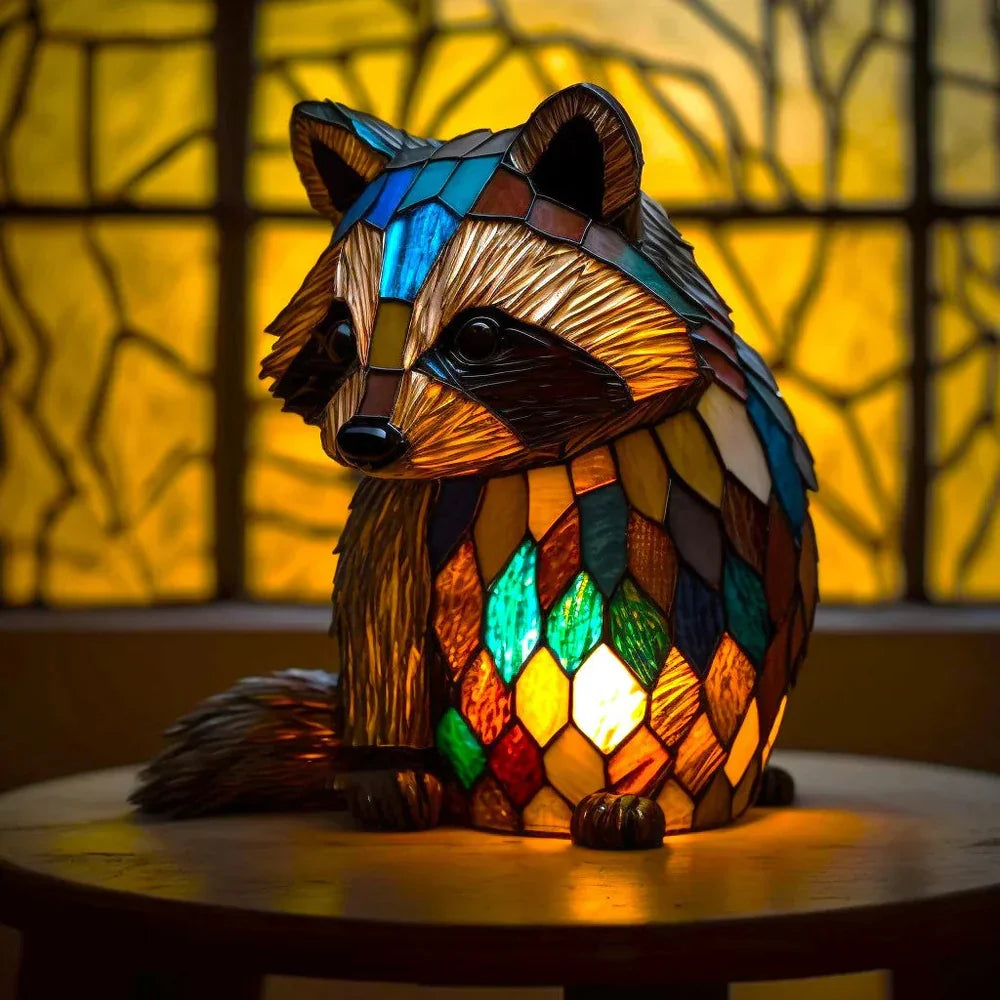 Stained glass animal table lamp with vibrant coloured glass panels and warm ambient light