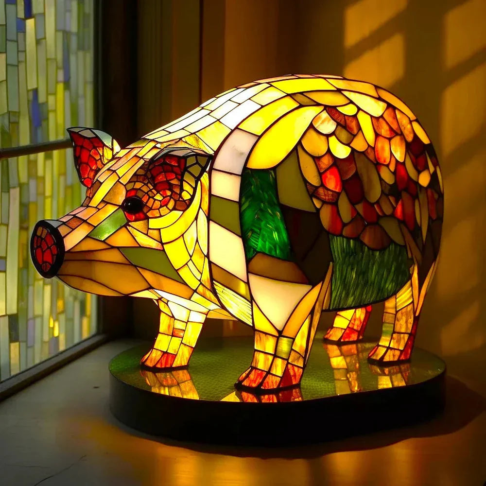 Stained glass animal table lamp with vibrant coloured glass panels and warm ambient light