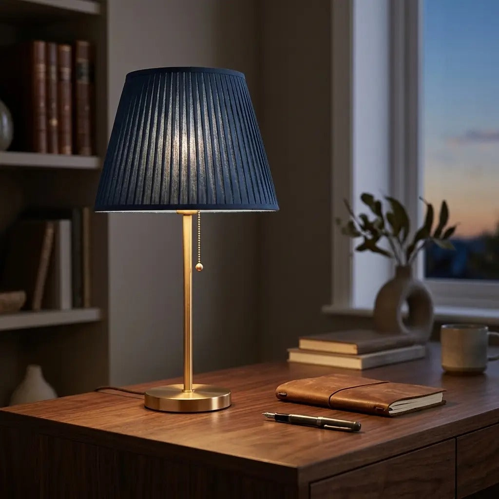 Table lamp with blue pleated fabric shade and brass metal base, soft ambient light