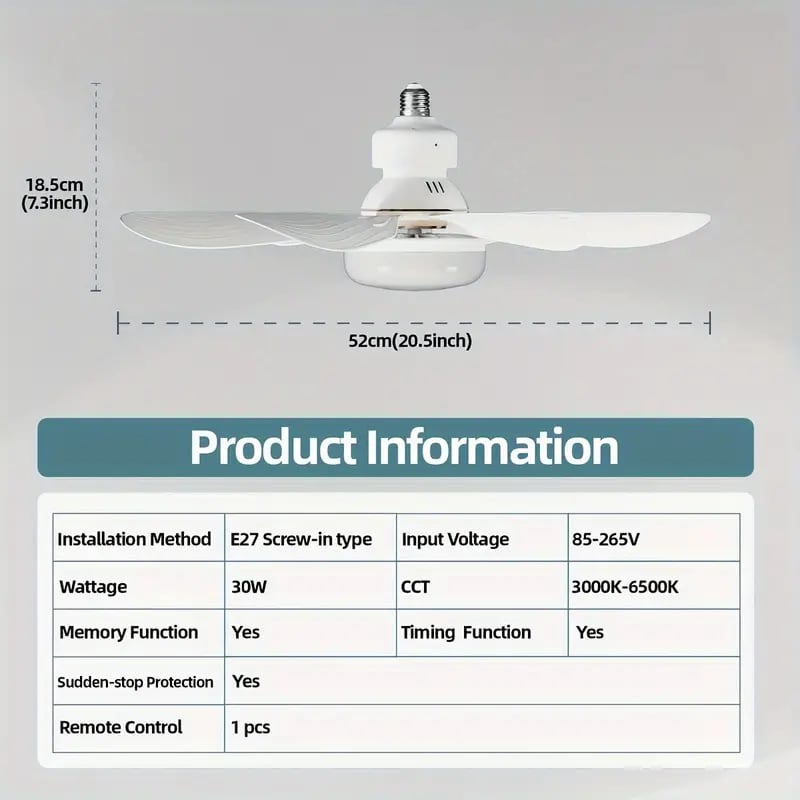 2-in-1 dimmable socket fan E26 E27 with remote control, LED ceiling fan