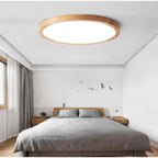 Slim round LED ceiling light with Japanese-inspired wood accent finish, flush mount