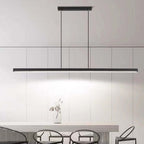 Modern linear LED pendant light in black metal with acrylic shade, dimmable, dining room