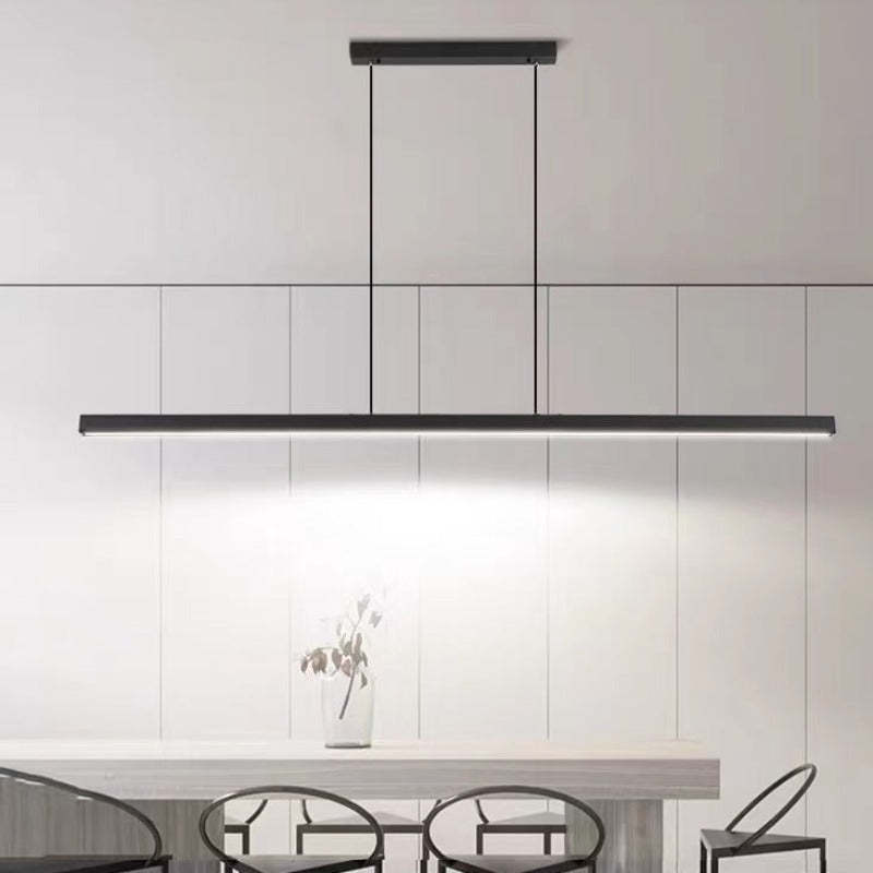 Modern linear LED pendant light in black metal with acrylic shade, dimmable, dining room