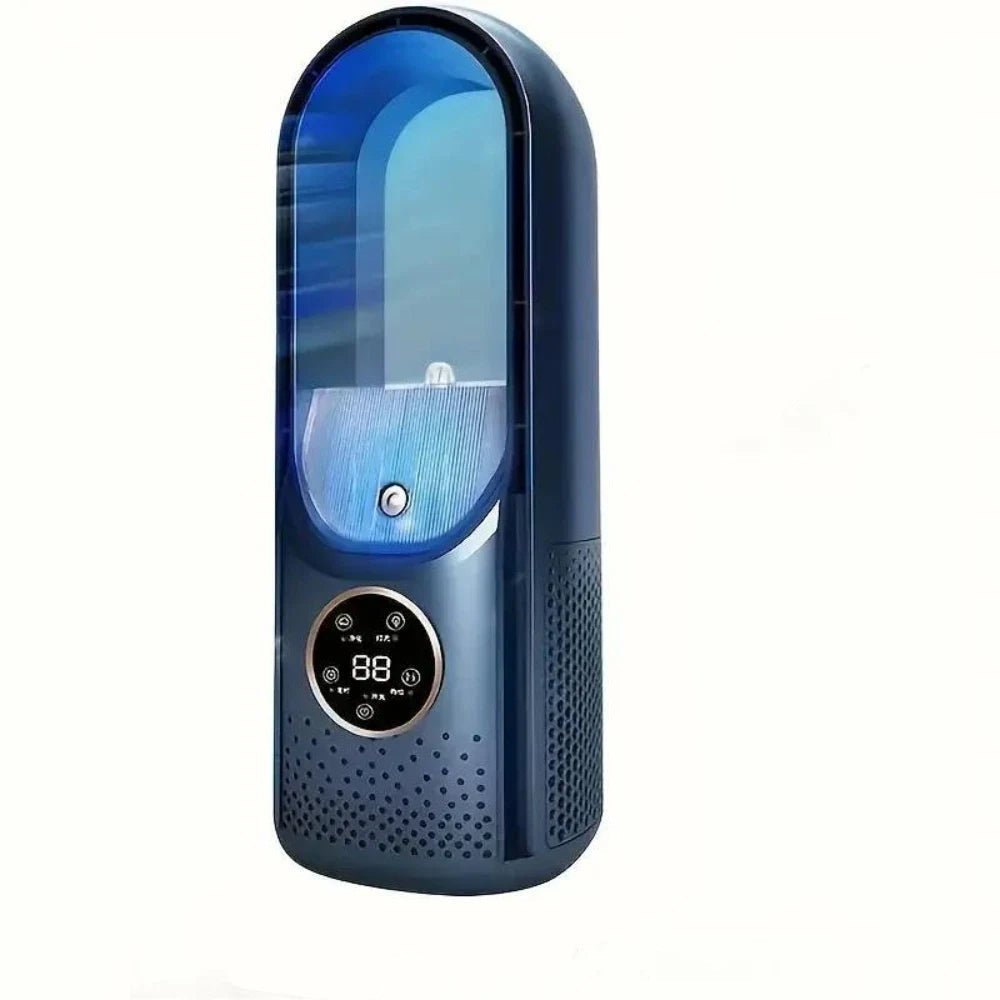 Bladeless fan with 6-speed control and night light, portable desktop design in blue