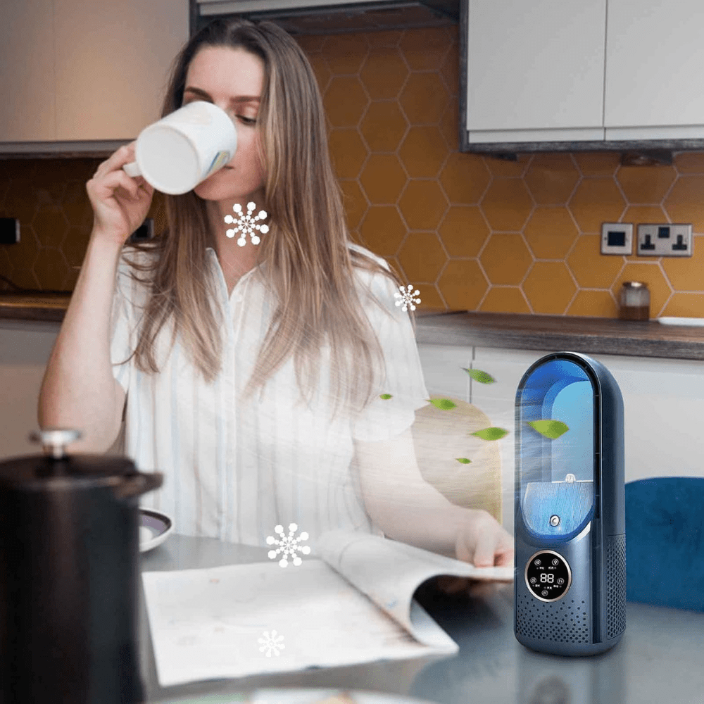 Bladeless fan with 6-speed control and night light, portable desktop design in blue