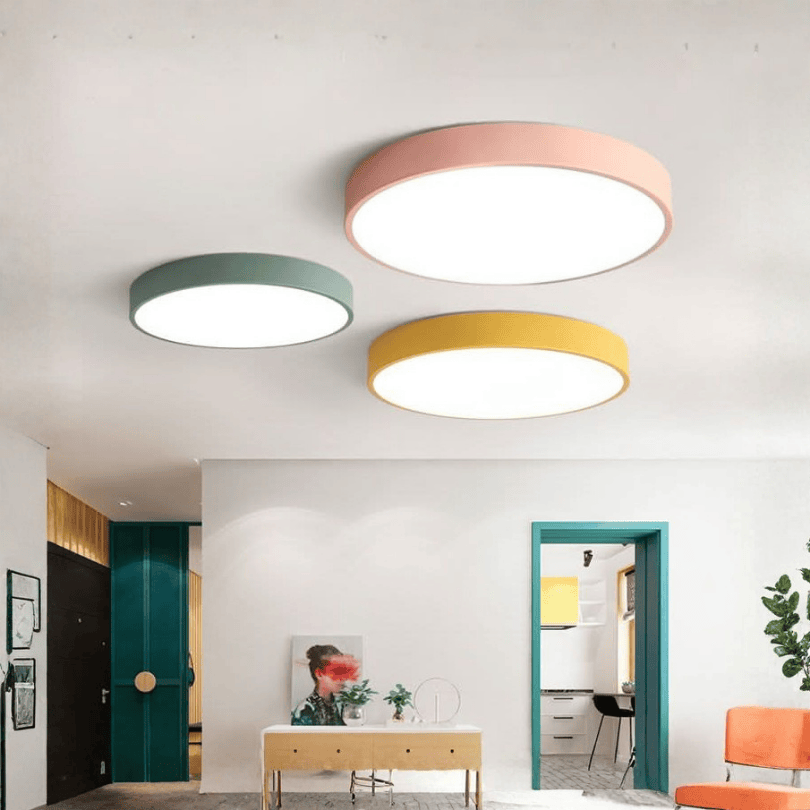 LED ceiling light modern round metal design, even illumination, multiple colors