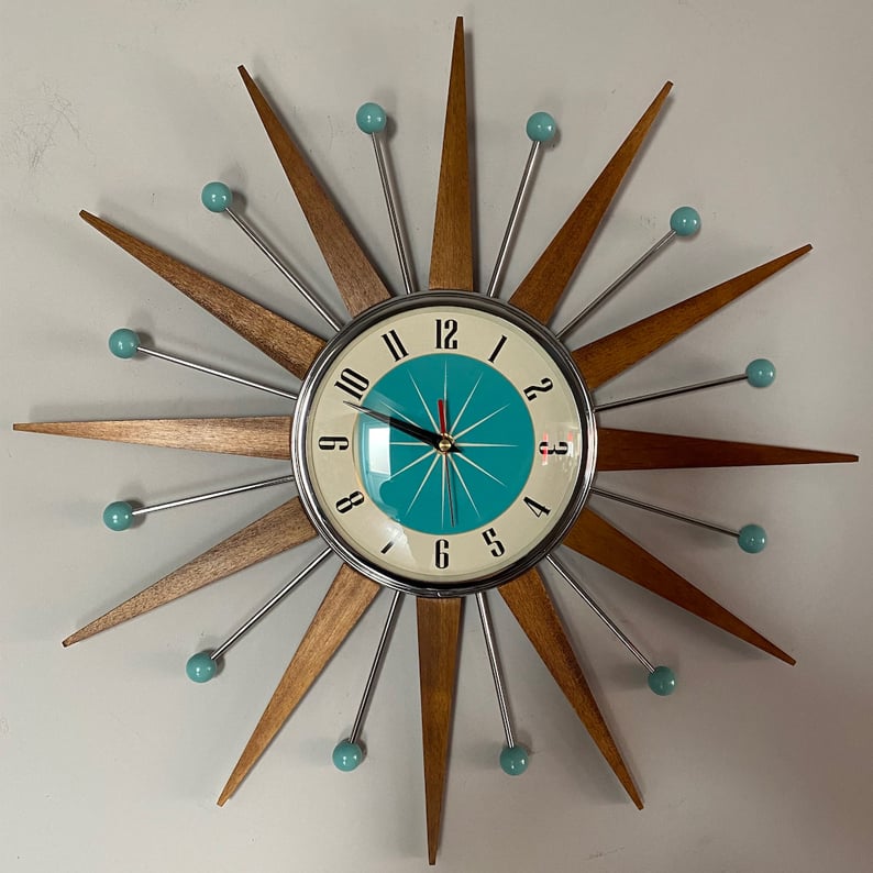 Mid-Century Handmade Wall Clock | Retro Sunburst, Silent Battery