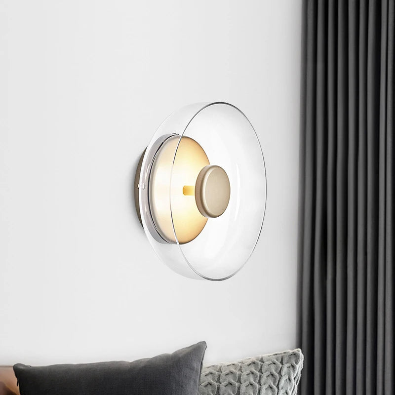 Round wall sconce with brass and glass shade, minimalist LED 1-light indoor fixture