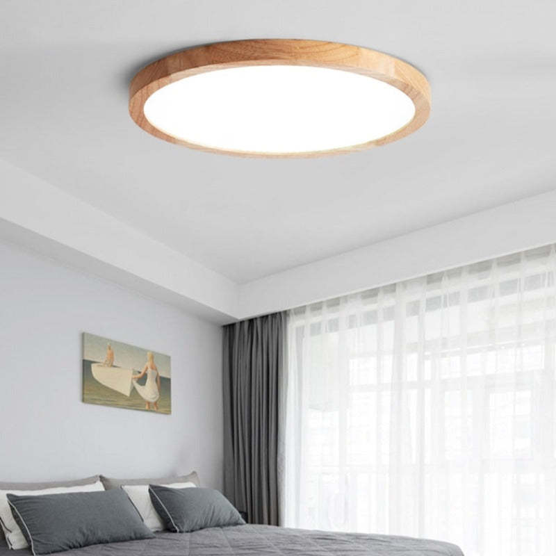 Slim round LED ceiling light with Japanese-inspired wood accent finish, flush mount