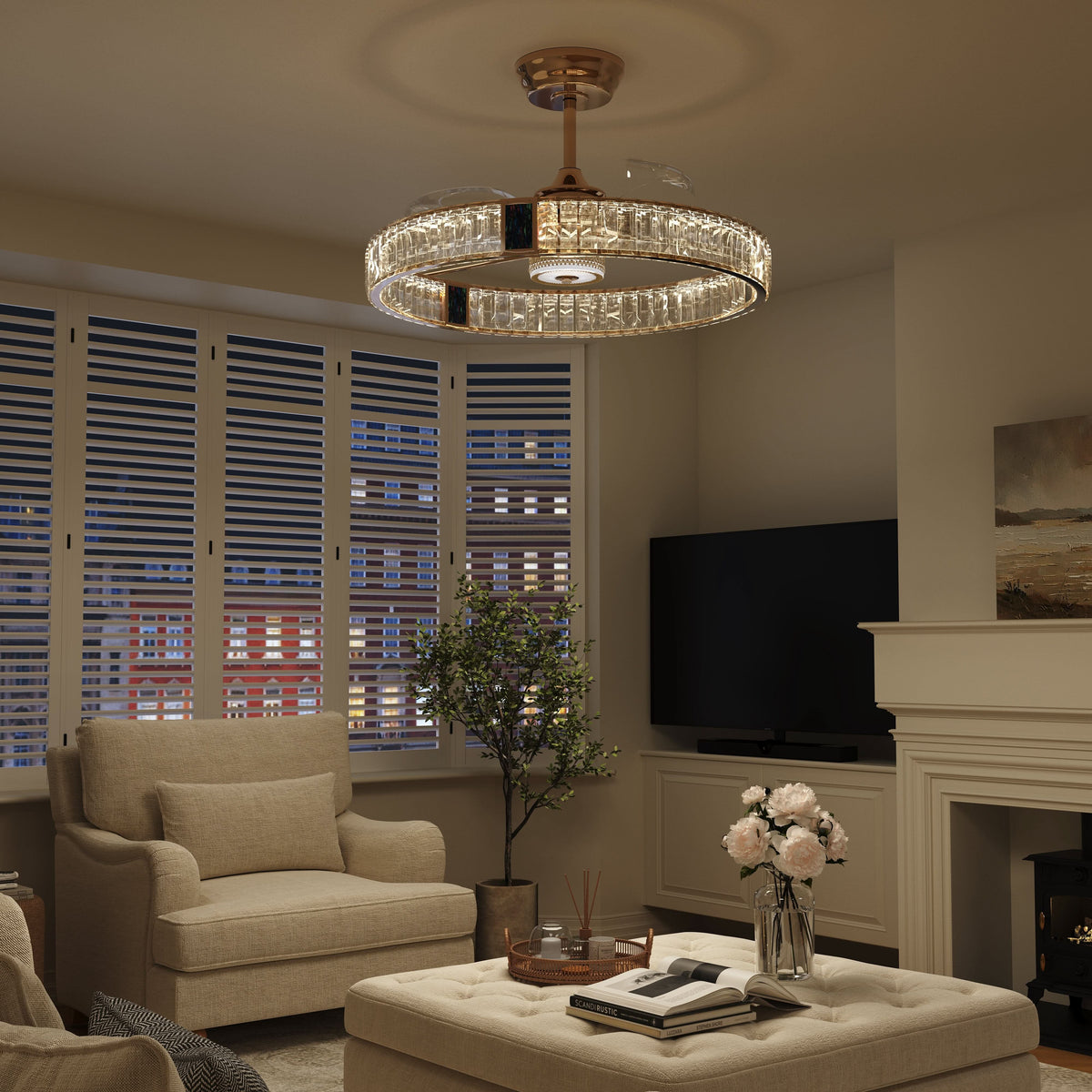 DC ceiling fan with LED light, gold crystal chandelier design, 60cm, 6 speeds with remote control