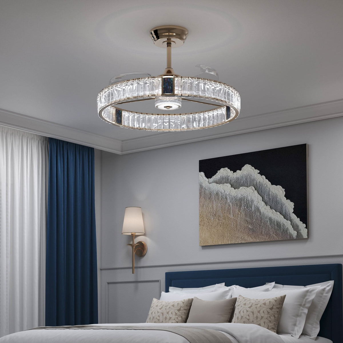 DC ceiling fan with LED light, gold crystal chandelier design, 60cm, 6 speeds with remote control