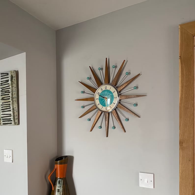 Mid-Century Handmade Wall Clock | Retro Sunburst, Silent Battery