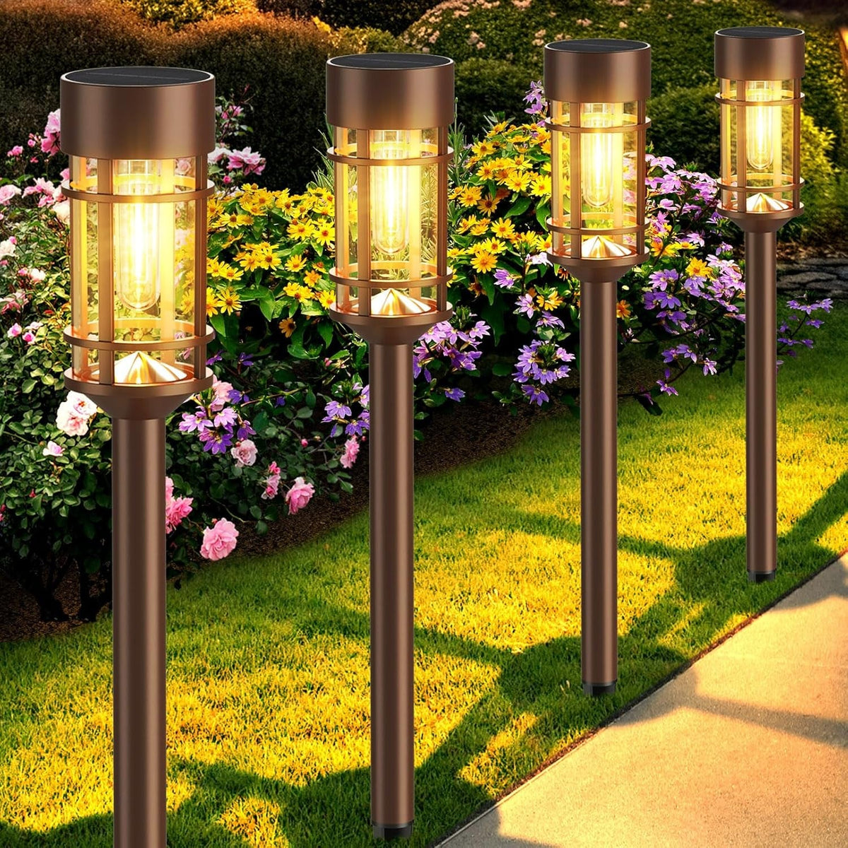 Solar garden lights 8-pack with glass shade and stainless steel pole, pathway stake installation