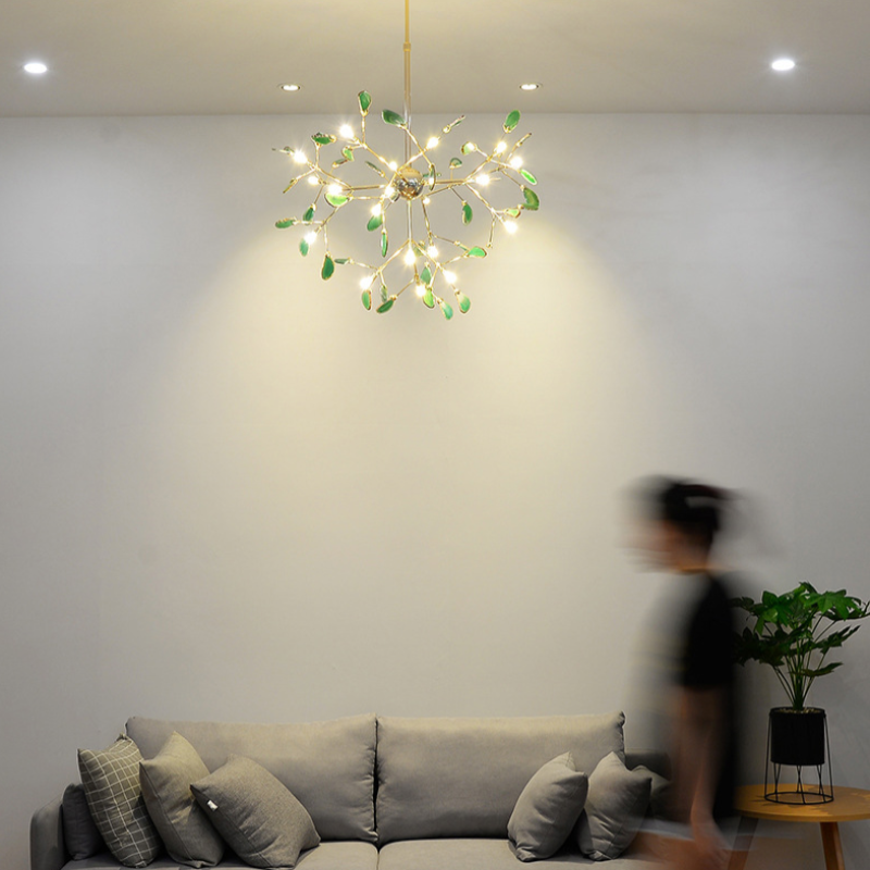Branch-style glass chandelier with adjustable suspension and metal arms, three sizes