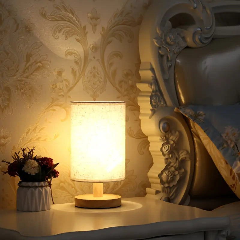Minimalist Japanese LED Table Lamp - Wooden Base - Fabric Shade