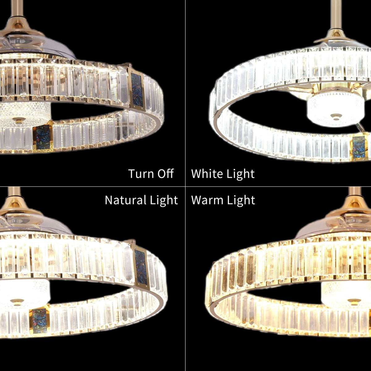 DC ceiling fan with LED light, gold crystal chandelier design, 60cm, 6 speeds with remote control