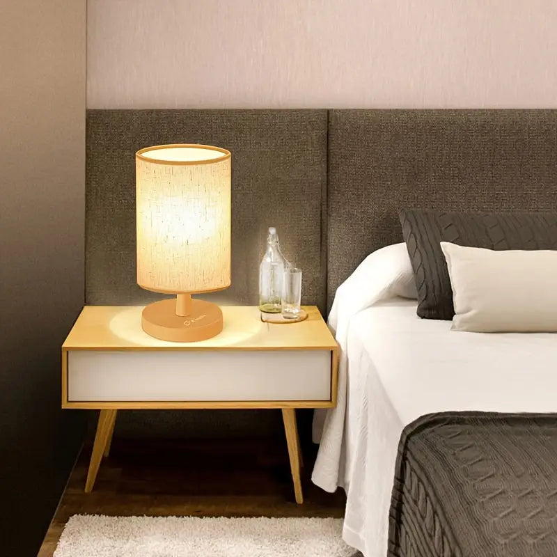 Minimalist Japanese LED Table Lamp - Wooden Base - Fabric Shade