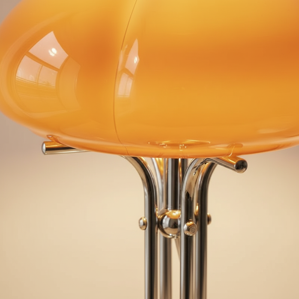 Mushroom table lamp with warm amber glow, cast iron frame and hand-blown glass shade
