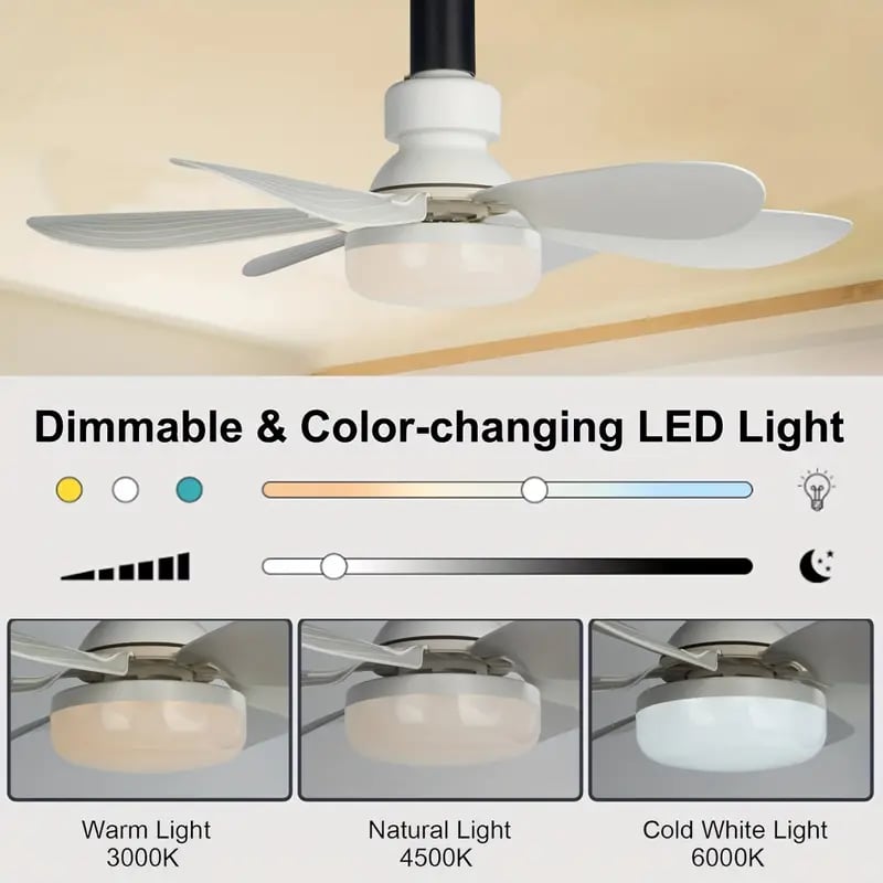 2-in-1 dimmable socket fan E26 E27 with remote control, LED ceiling fan