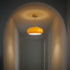 Flush mount ceiling light with vintage amber glass shade and brass canopy, E27 pendant