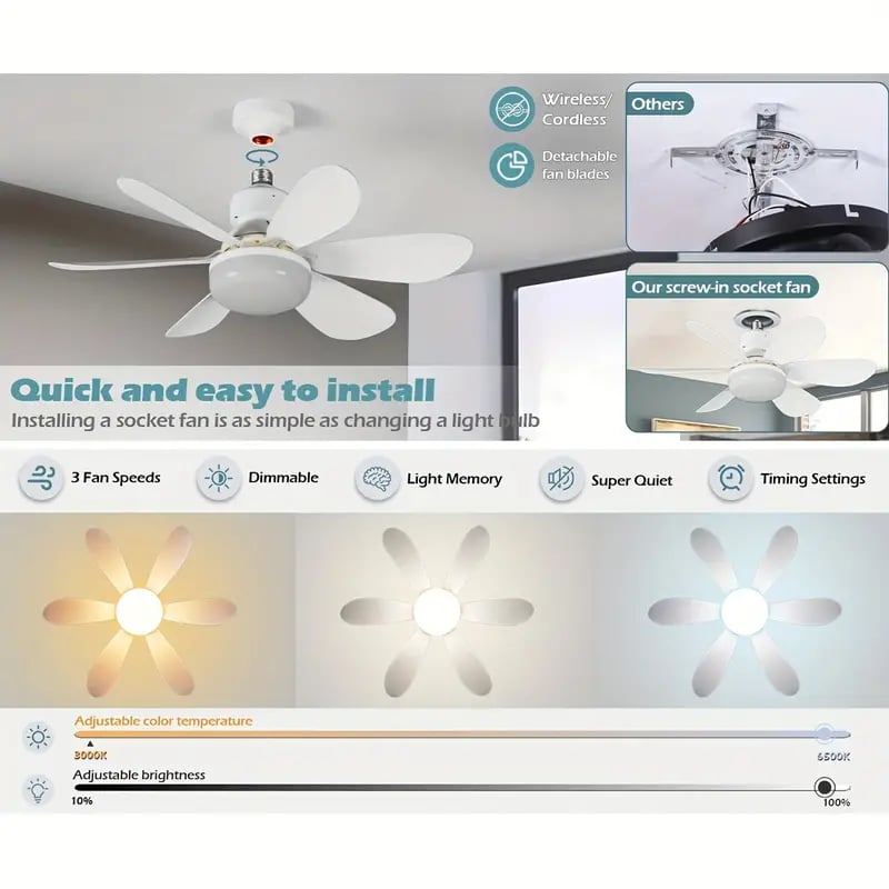 2-in-1 dimmable socket fan E26 E27 with remote control, LED ceiling fan