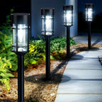 Solar garden lights 8-pack with glass shade and stainless steel pole, pathway stake installation