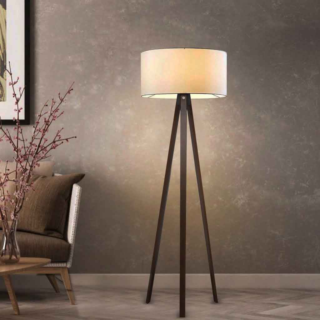 OCS 3-Leg Wooden Floor Lamp - Linen Shade - Natural Wood
