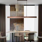 Modern linear LED pendant light in black metal with acrylic shade, dimmable, dining room