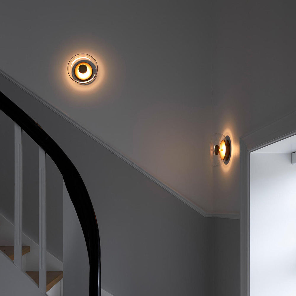 Round wall sconce with brass and glass shade, minimalist LED 1-light indoor fixture