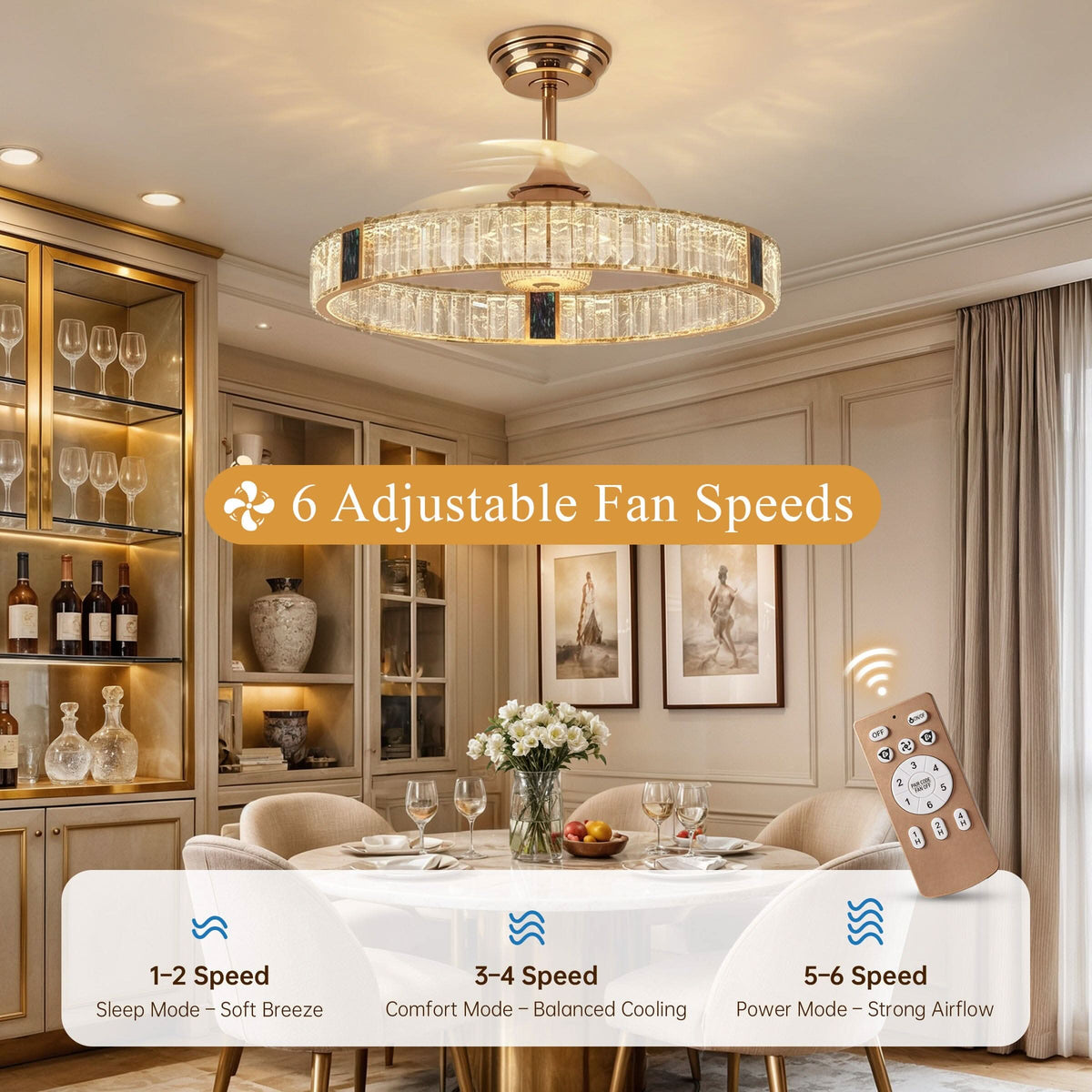 DC ceiling fan with LED light, gold crystal chandelier design, 60cm, 6 speeds with remote control