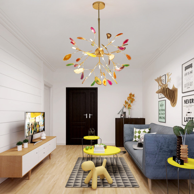 Branch-style glass chandelier with adjustable suspension and metal arms, three sizes