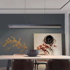 Modern linear LED pendant light in black metal with acrylic shade, dimmable, dining room
