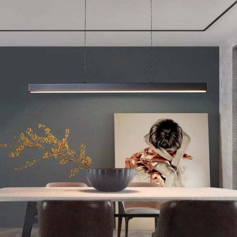 Modern linear LED pendant light in black metal with acrylic shade, dimmable, dining room