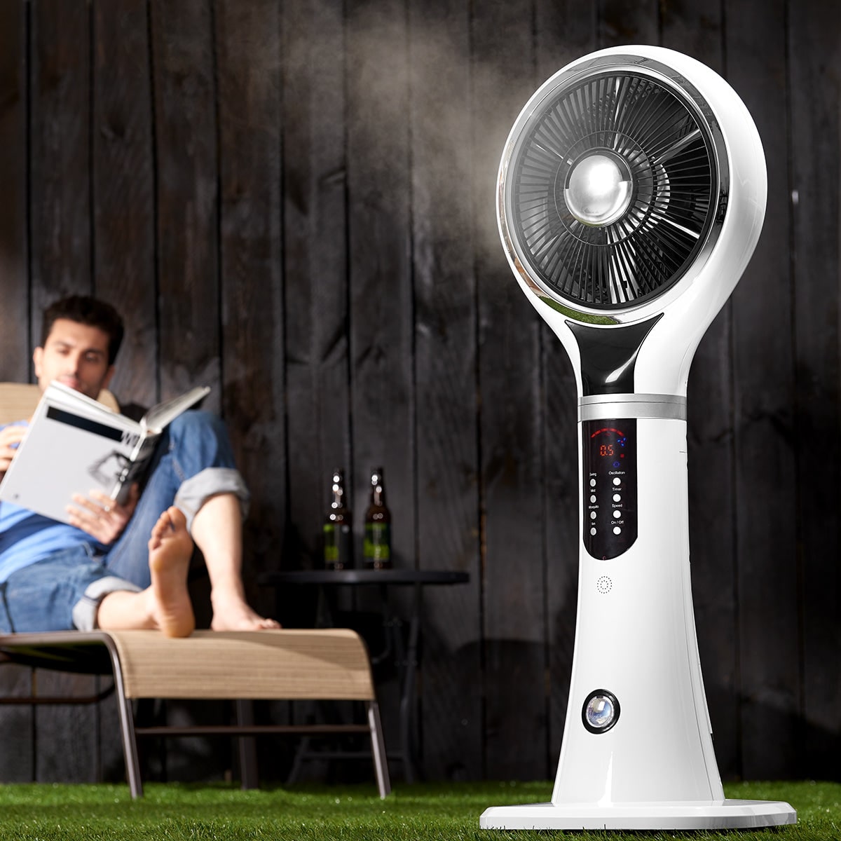 Outdoor misting fan portable evaporative cooler pedestal oscillating white LED display