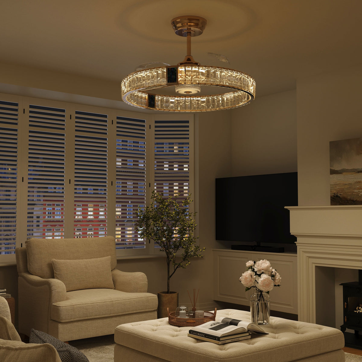 DC ceiling fan with LED light, gold crystal chandelier design, 60cm, 6 speeds with remote control