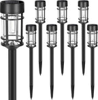 Solar garden lights 8-pack with glass shade and stainless steel pole, pathway stake installation