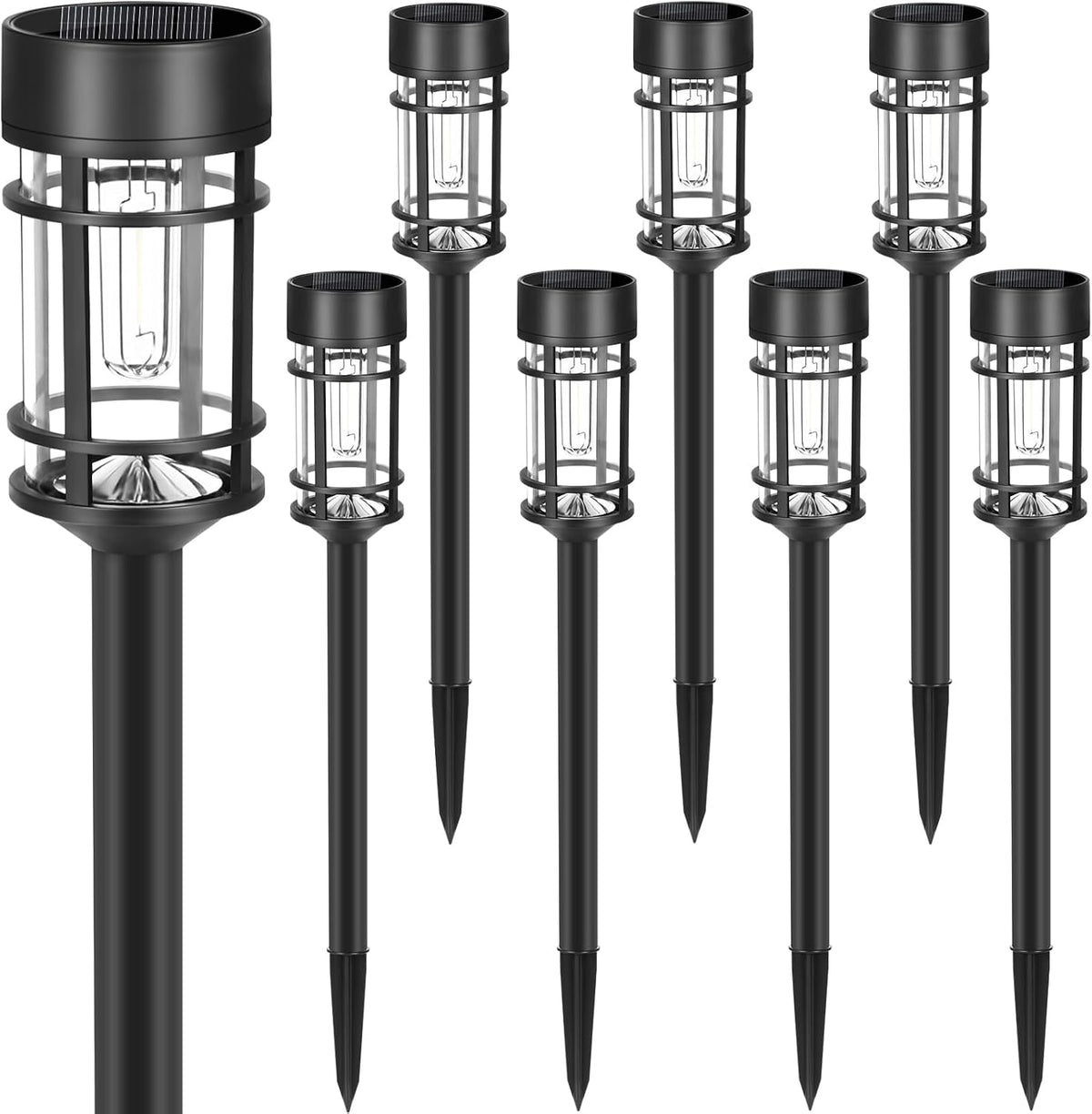 Solar garden lights 8-pack with glass shade and stainless steel pole, pathway stake installation