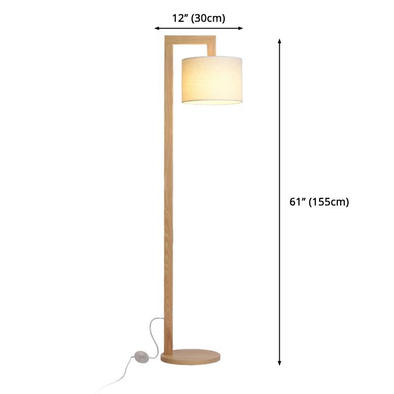 Japanese right angle arm floor lamp in beige, wood and fabric shade, 155cm height