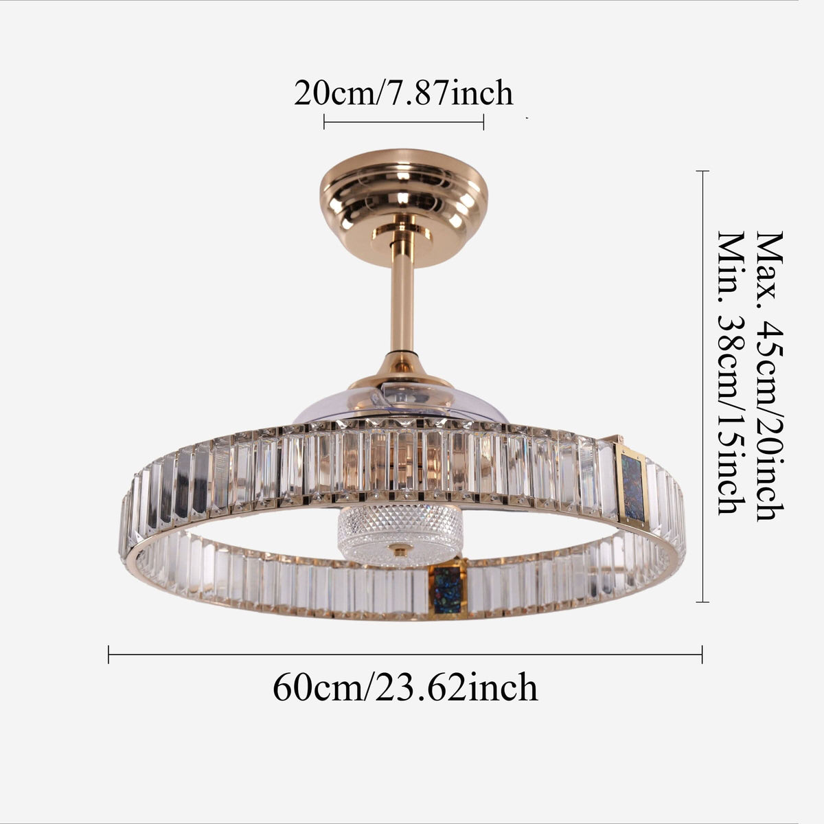 DC ceiling fan with LED light, gold crystal chandelier design, 60cm, 6 speeds with remote control