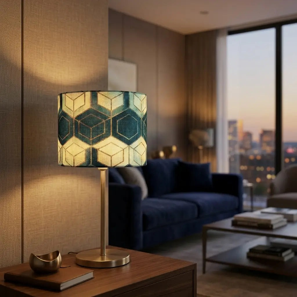 Table lamp with geometric patterned cylindrical shade and brass metal base, warm diffused light
