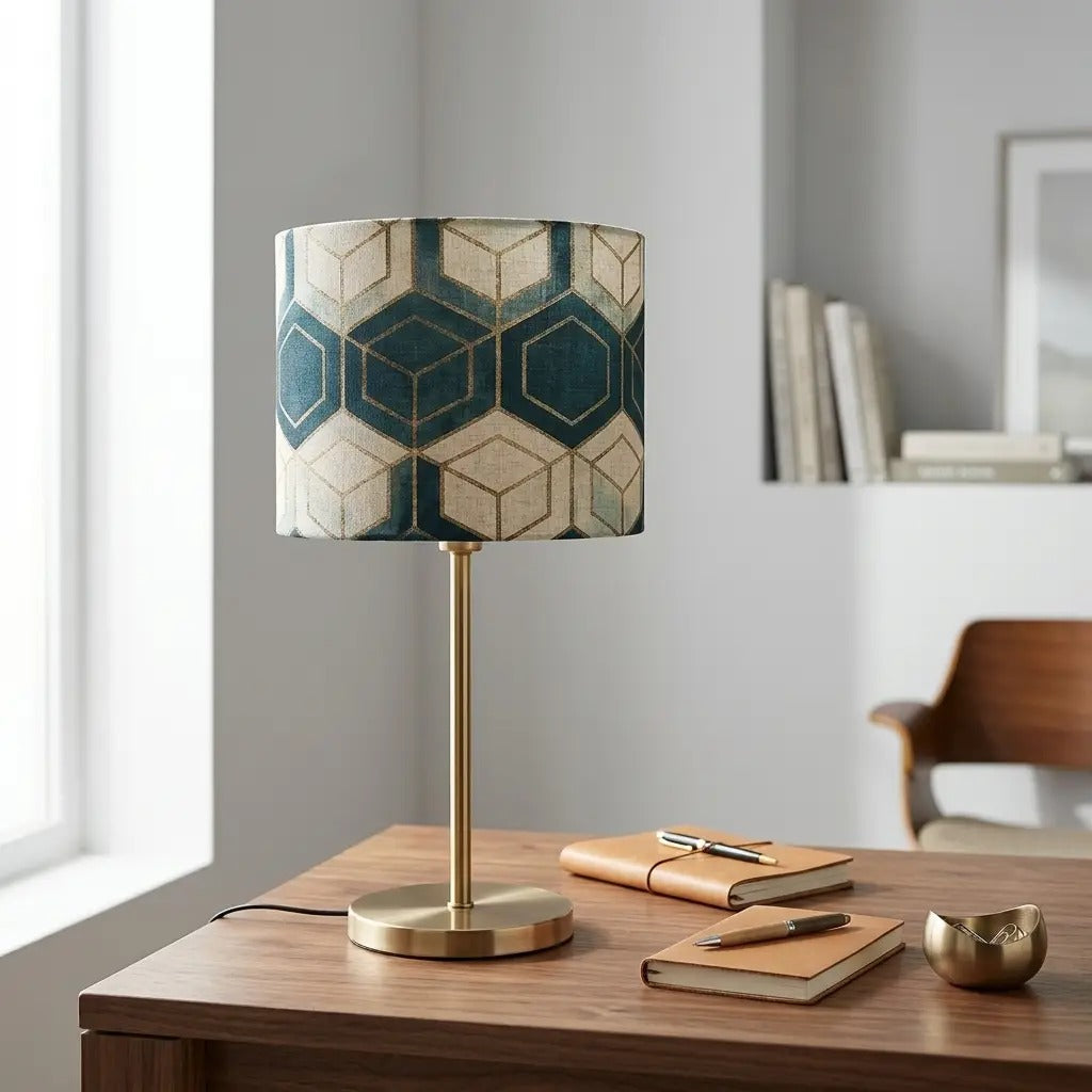 Table lamp with geometric patterned cylindrical shade and brass metal base, warm diffused light