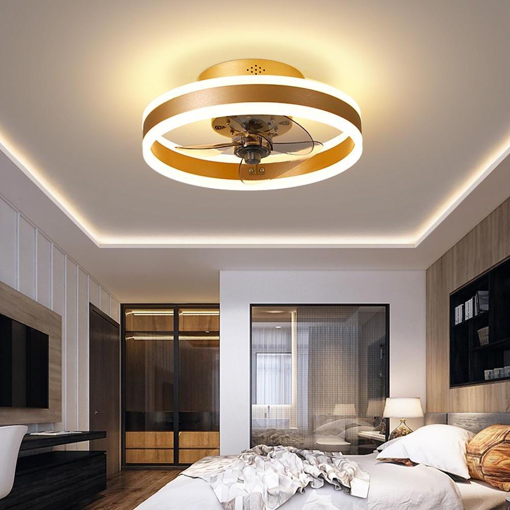 DC ceiling fan with LED light in gold, dimmable 2700K-6500K, modern flush mount design