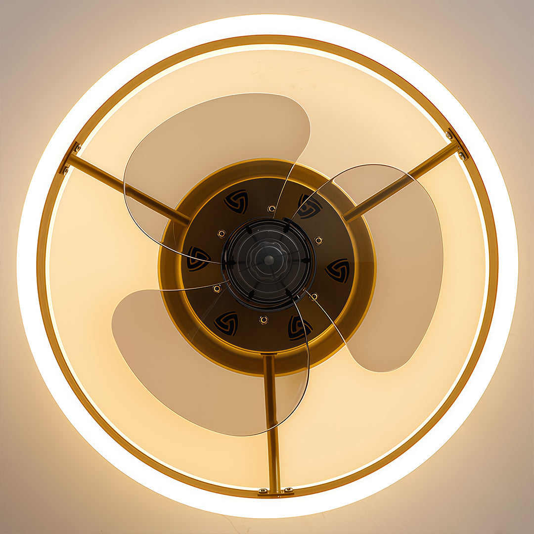 DC ceiling fan with LED light in gold, dimmable 2700K-6500K, modern flush mount design