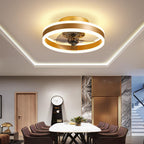 DC ceiling fan with LED light in gold, dimmable 2700K-6500K, modern flush mount design