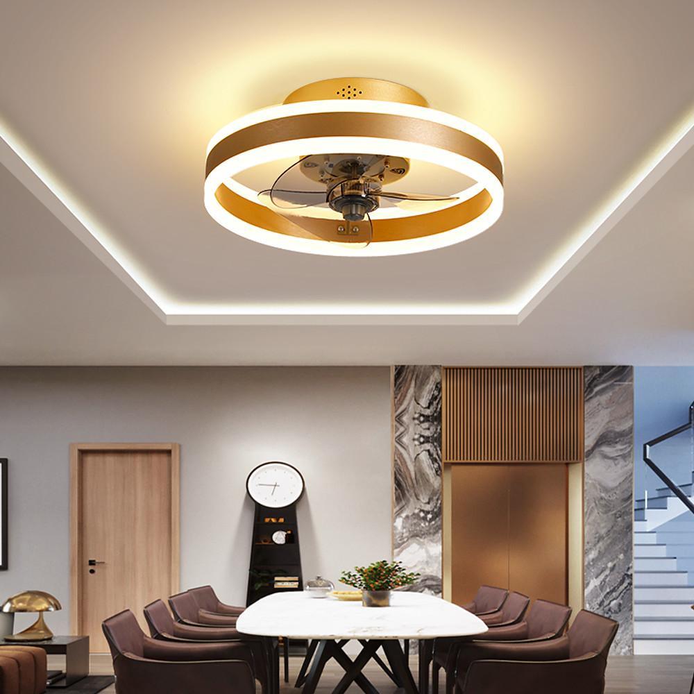 DC ceiling fan with LED light in gold, dimmable 2700K-6500K, modern flush mount design