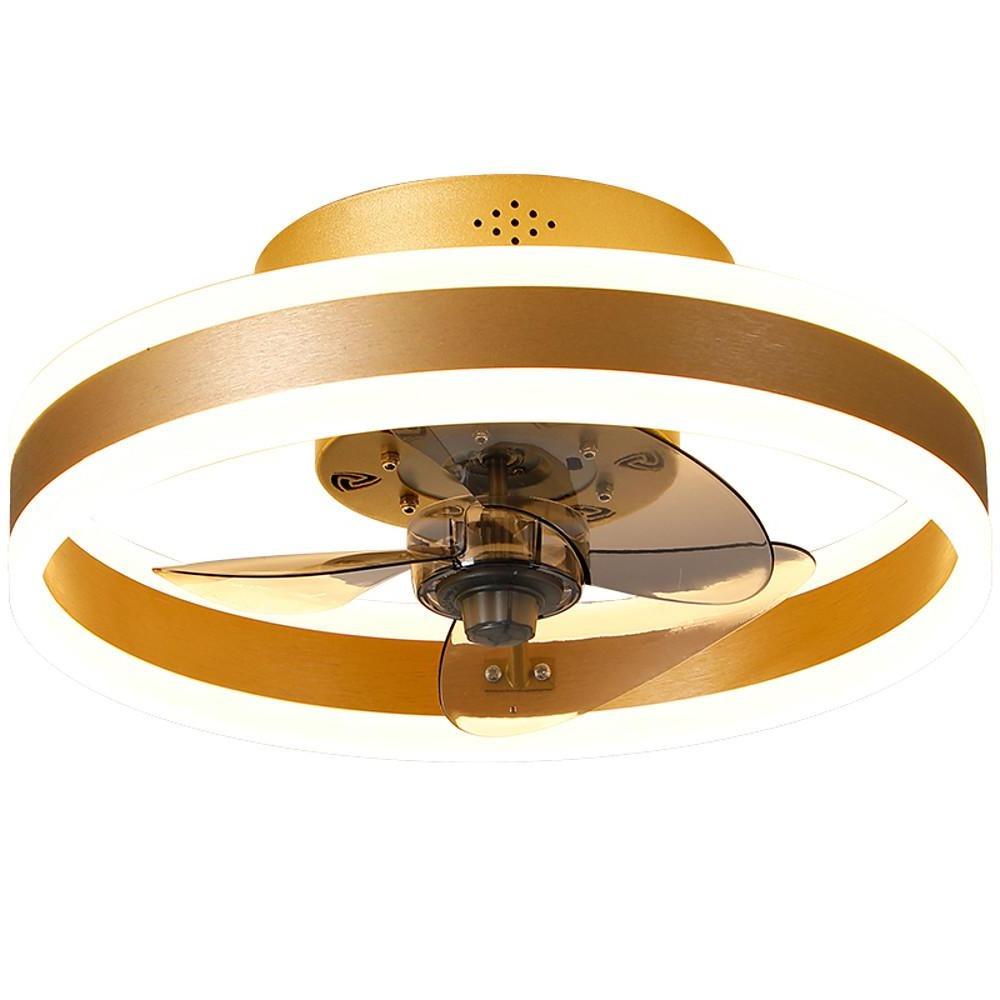 DC ceiling fan with LED light in gold, dimmable 2700K-6500K, modern flush mount design