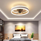 DC ceiling fan with LED light in gold, dimmable 2700K-6500K, modern flush mount design